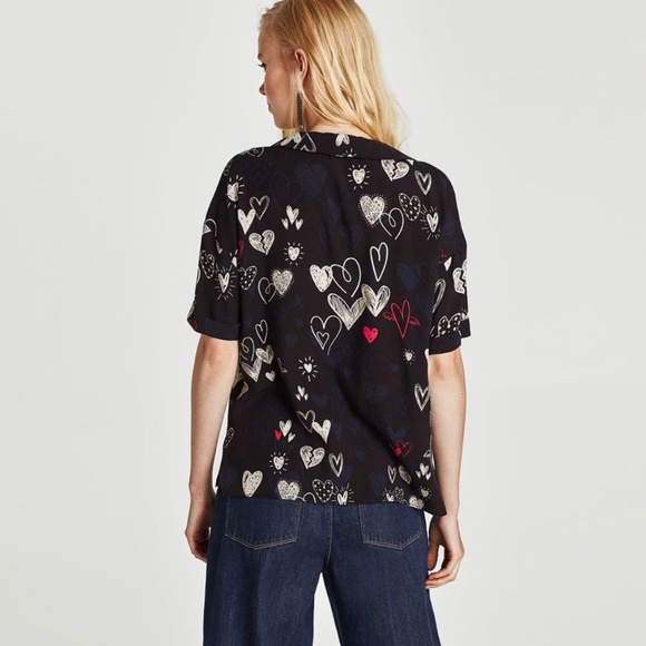 Zara Heart Print Trafaluc Collection Button Up Short Sleeve Top Black Size Small - Picture 2 of 15